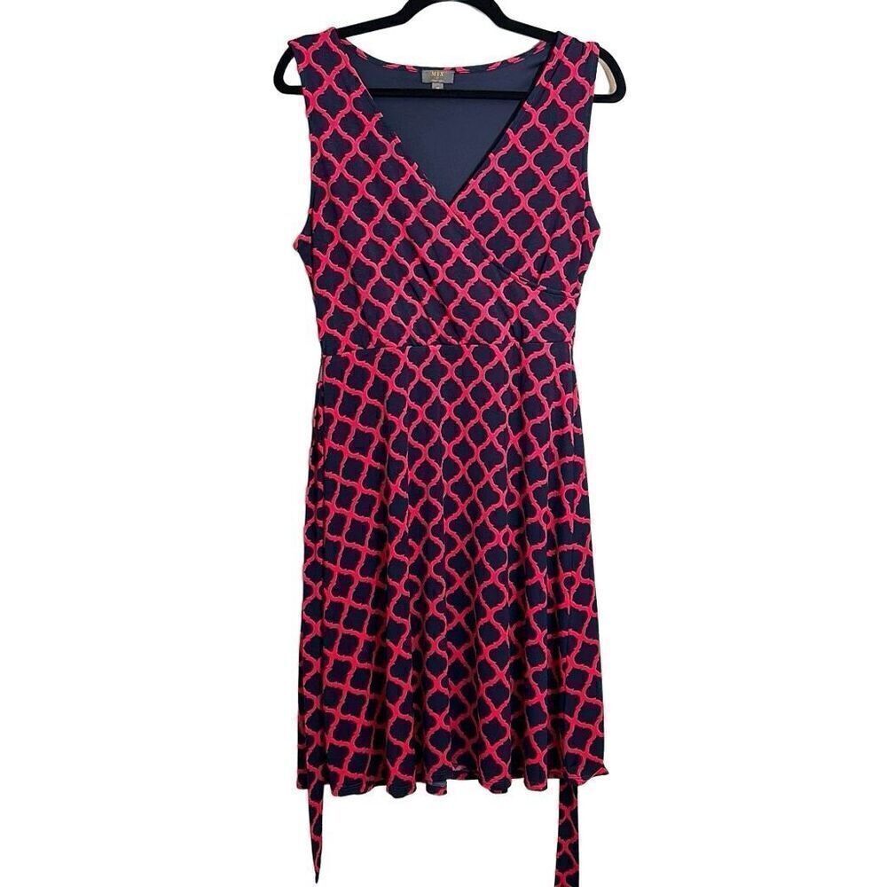 Mix by 41 Hawthorn blue & red wrap bodice sleeveless lined dress w self tie M